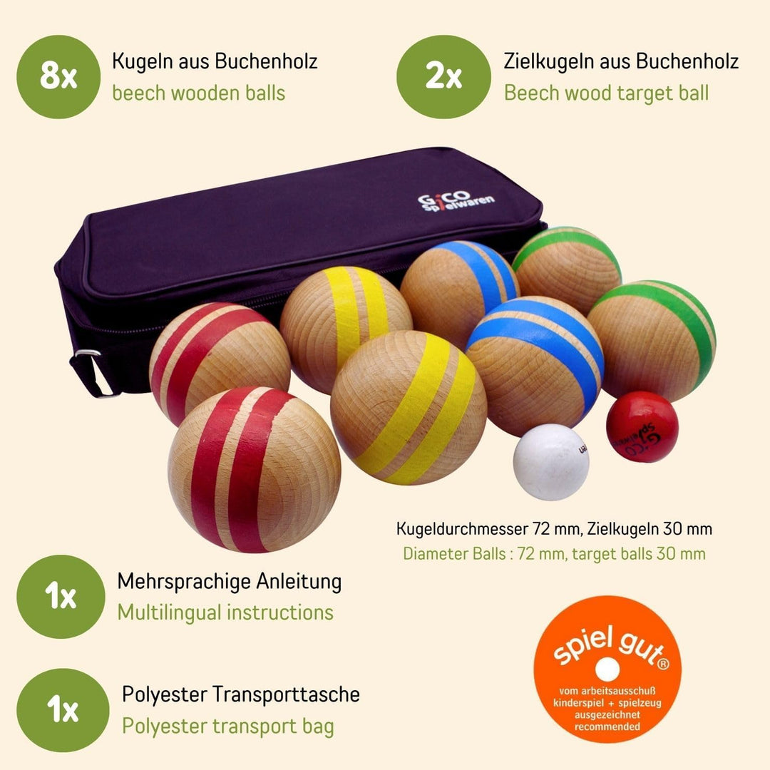 GICO Boccia Spiel aus Massivholz, gestreift mit 8 Kugeln, Durchmesser 7 cm. Made in EU -Spiel gut Au