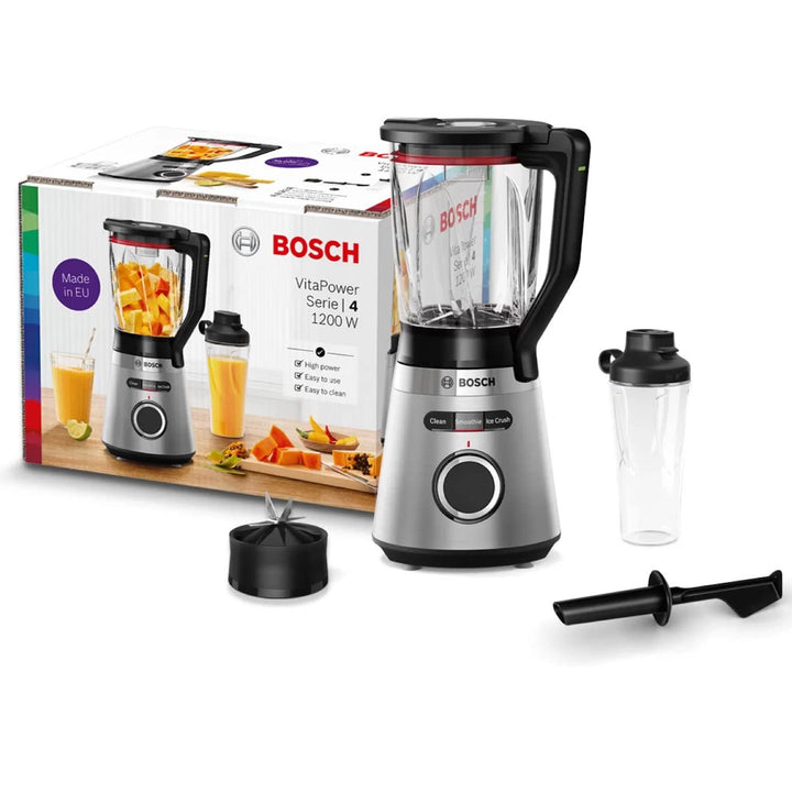 Bosch Standmixer VitaPower Serie 4 MMB6384M, Edelstahl-Klingen, 1,5l ThermoSafe Glasbehälter, Stopfe