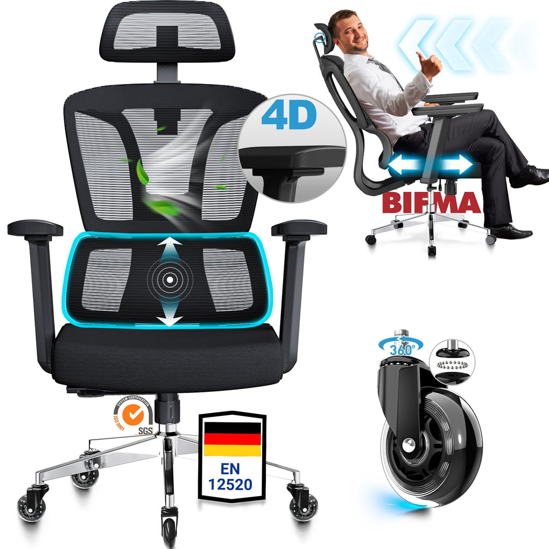 MELOKEA Bürostuhl Ergonomisch, 4D-Armlehnen, Verstellbare Sitztiefe, 3D-Kopfstütze, Gummirollen, Hoh
