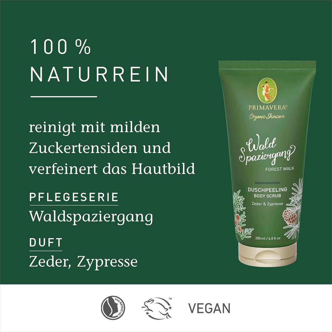 PRIMAVERA Waldspaziergang Duschpeeling 200 ml – Körperpeeling, Naturkosmetik – Zeder, Zypresse Duft