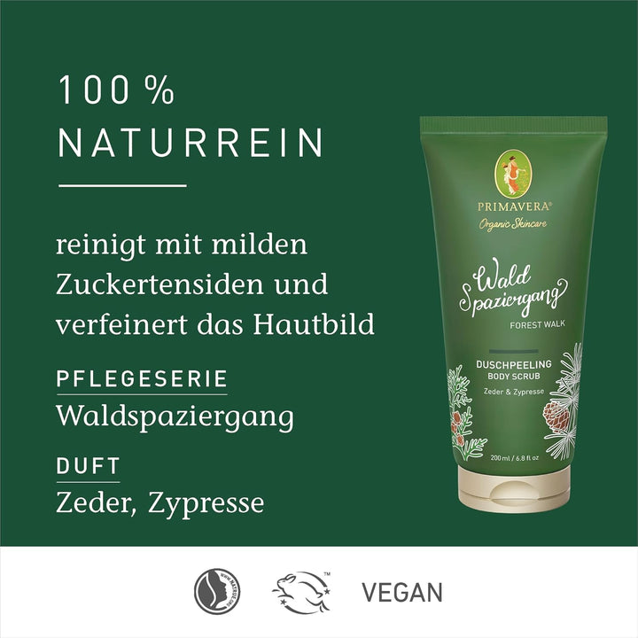 PRIMAVERA Waldspaziergang Duschpeeling 200 ml – Körperpeeling, Naturkosmetik – Zeder, Zypresse Duft