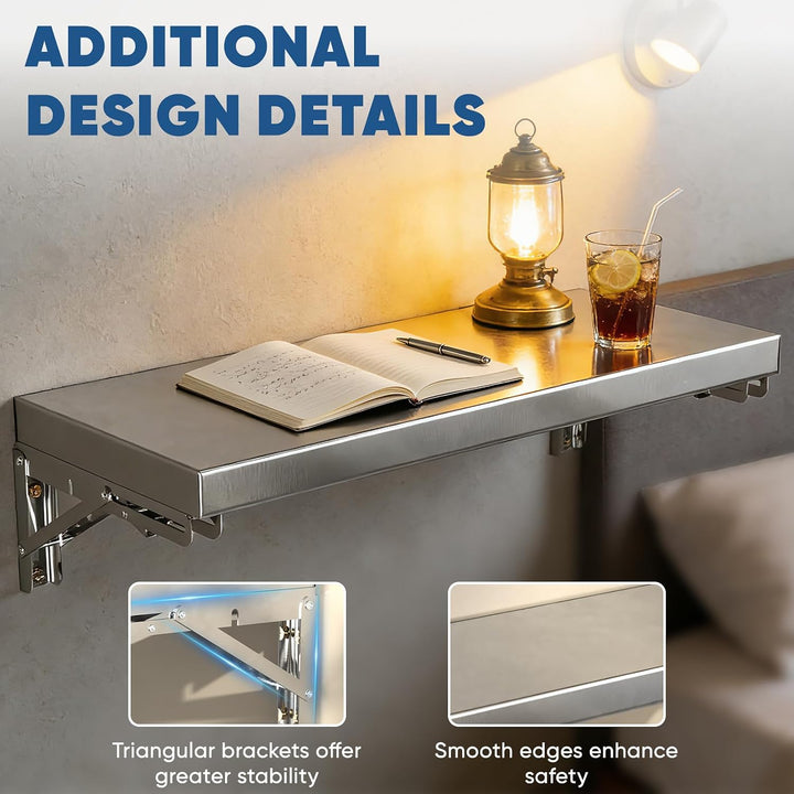 Verdego 2PCS Wandklapptisch 70x25cm, Klapptisch Wand Edelstahl, bis 40 kg 70*25*6cm 2 Set, 70*25*6cm
