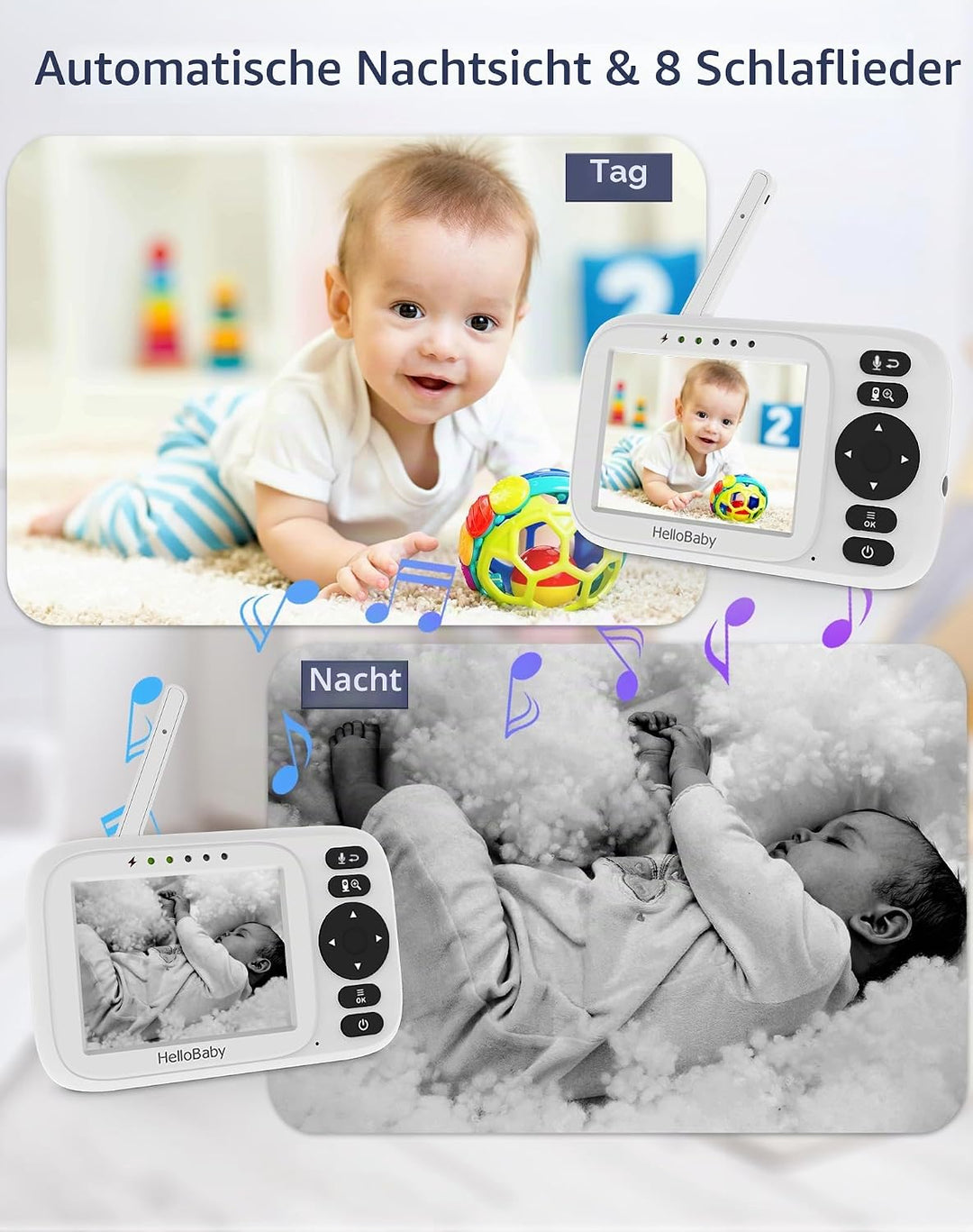 HelloBaby Babyphone mit 2 Kameras ohne WLAN, 3,2 Zoll Bildschirm