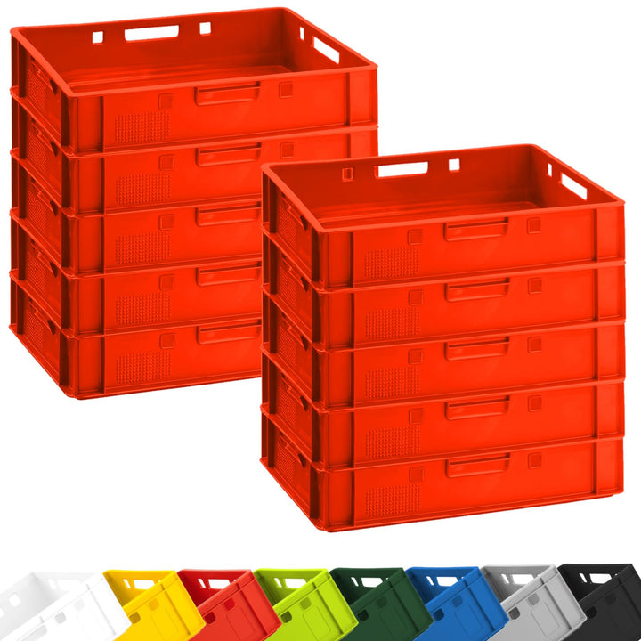 BURI 10 Stück Fleischkiste E1 Lagerkiste 60x40x12,5 cm Metzgerkiste Eurobox Rot - flache Stapelkiste