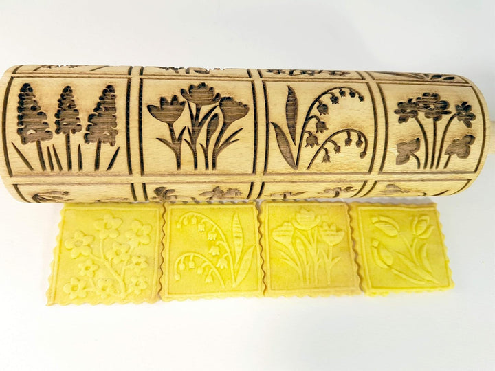 FRÜHLINGSBLUMEN Nudelholz mit Muster - Teigroller Holz Frühling Blumen für DIY hausgemacht Plätzchen