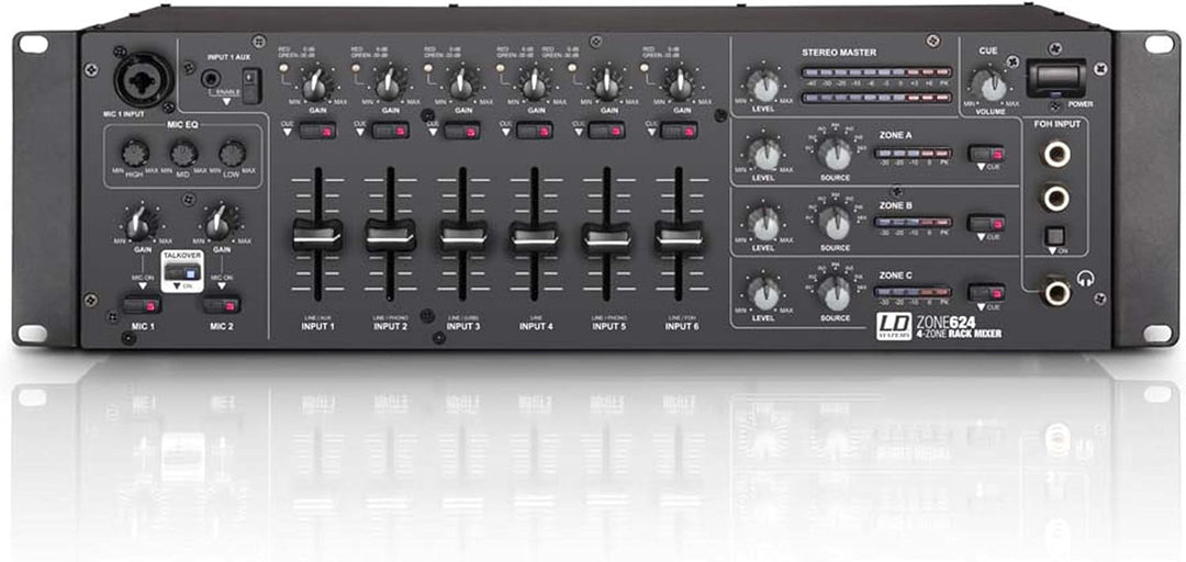 LD Systems ZONE 624-19" 4-Zonen Mixer mit 2 Mikrofonkanälen und 3HE, schwarz 4-Zonen Mixer 3HE, 4-Zo