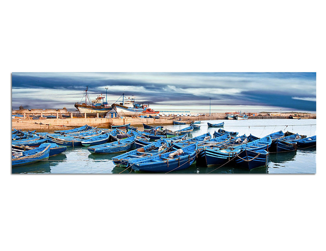 Paul Sinus Art Panoramabild auf Leinwand und Keilrahmen 150x50cm Marokko Meer Hafen Boote Wolkenhimm