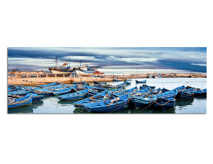 Paul Sinus Art Panoramabild auf Leinwand und Keilrahmen 150x50cm Marokko Meer Hafen Boote Wolkenhimm