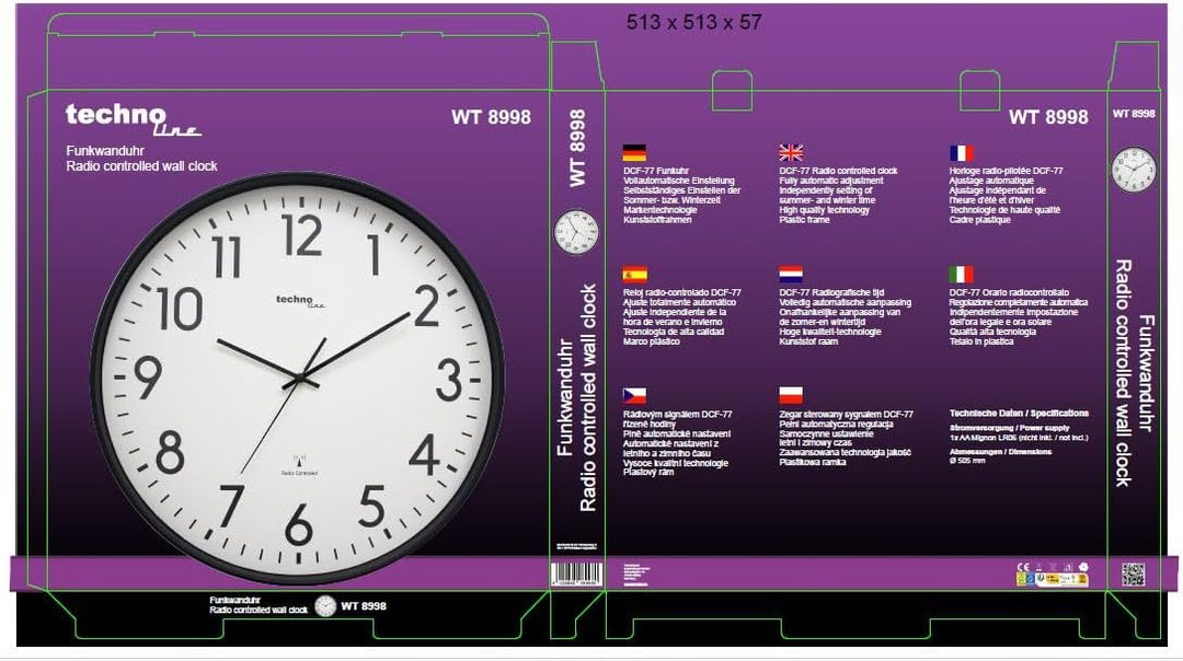 technoline XXL Funkwanduhr WT8998, 50 cm, Bahnhofsuhr, XXL Wanduhr,