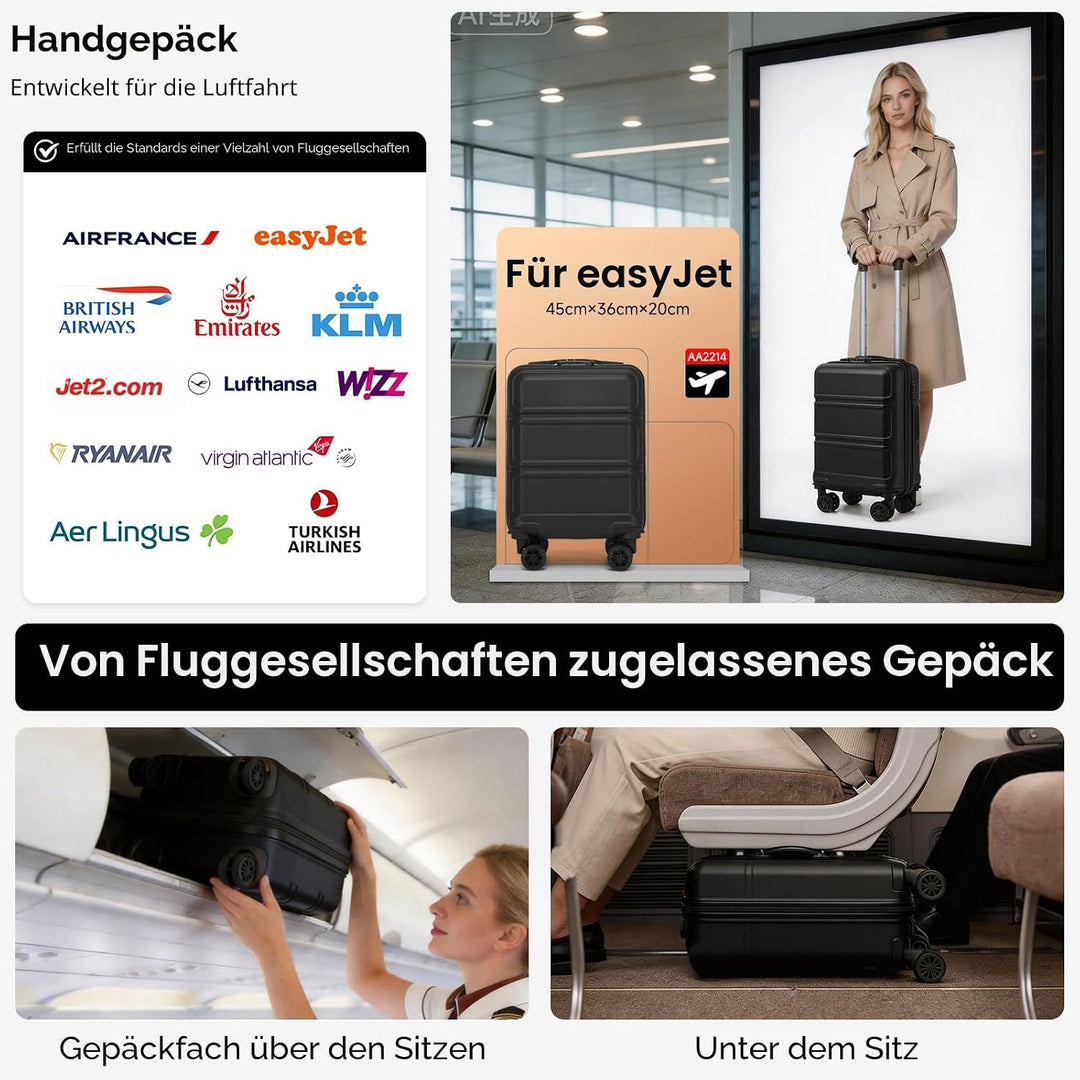KONO Koffer Klein 16 Zoll Leicht ABS+PC Hartschalenkoffer mit Zahlenschloss Reisekoffer mit 4 Rollen