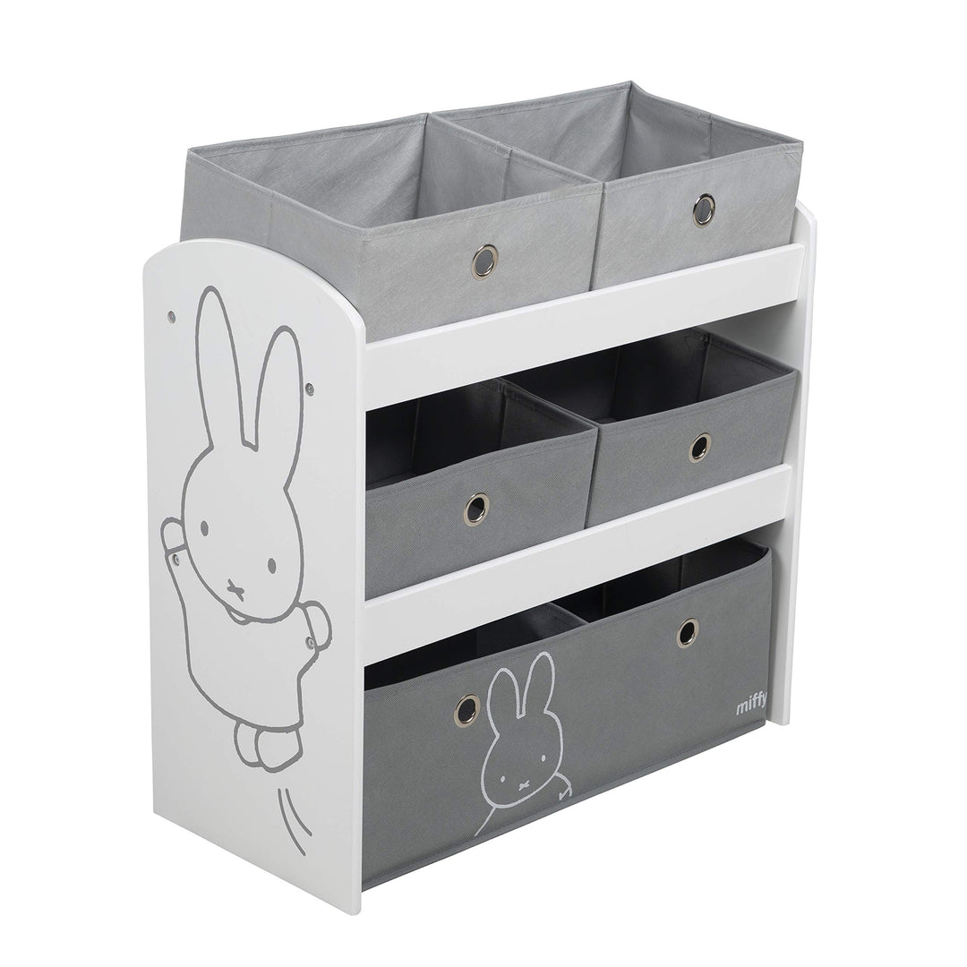 roba Spielregal miffy® - Spielzeugregal für Kinderzimmer mit 5 graue Boxen aus Stoff - Hasen Motiv -