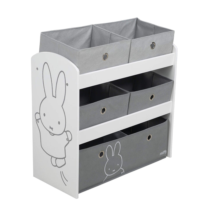 roba Spielregal miffy® - Spielzeugregal für Kinderzimmer mit 5 graue Boxen aus Stoff - Hasen Motiv -