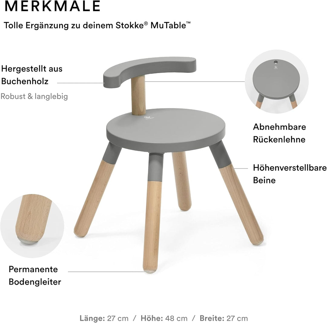 Stokke MuTable Stuhl, Storm Grey - 2023 Neugestaltung - Anpassbare Sitzhöhe & entfernbare Rückenlehn