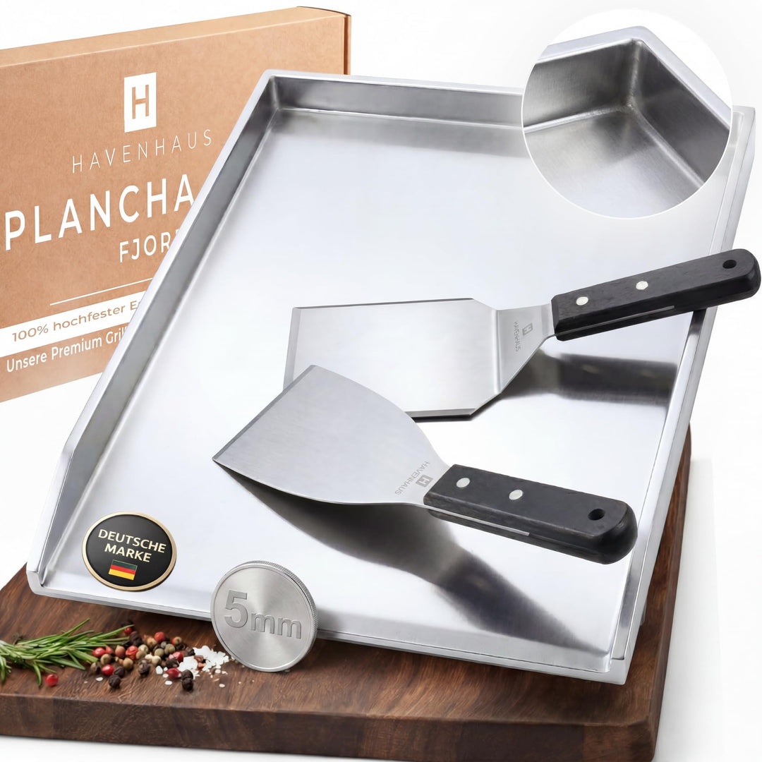 𝗛𝗔𝗩𝗘𝗡𝗛𝗔𝗨𝗦 Premium Plancha Grillplatte 5mm Edelstahl [40x30cm] I Massive Grillplatte 5mm mit geschlos