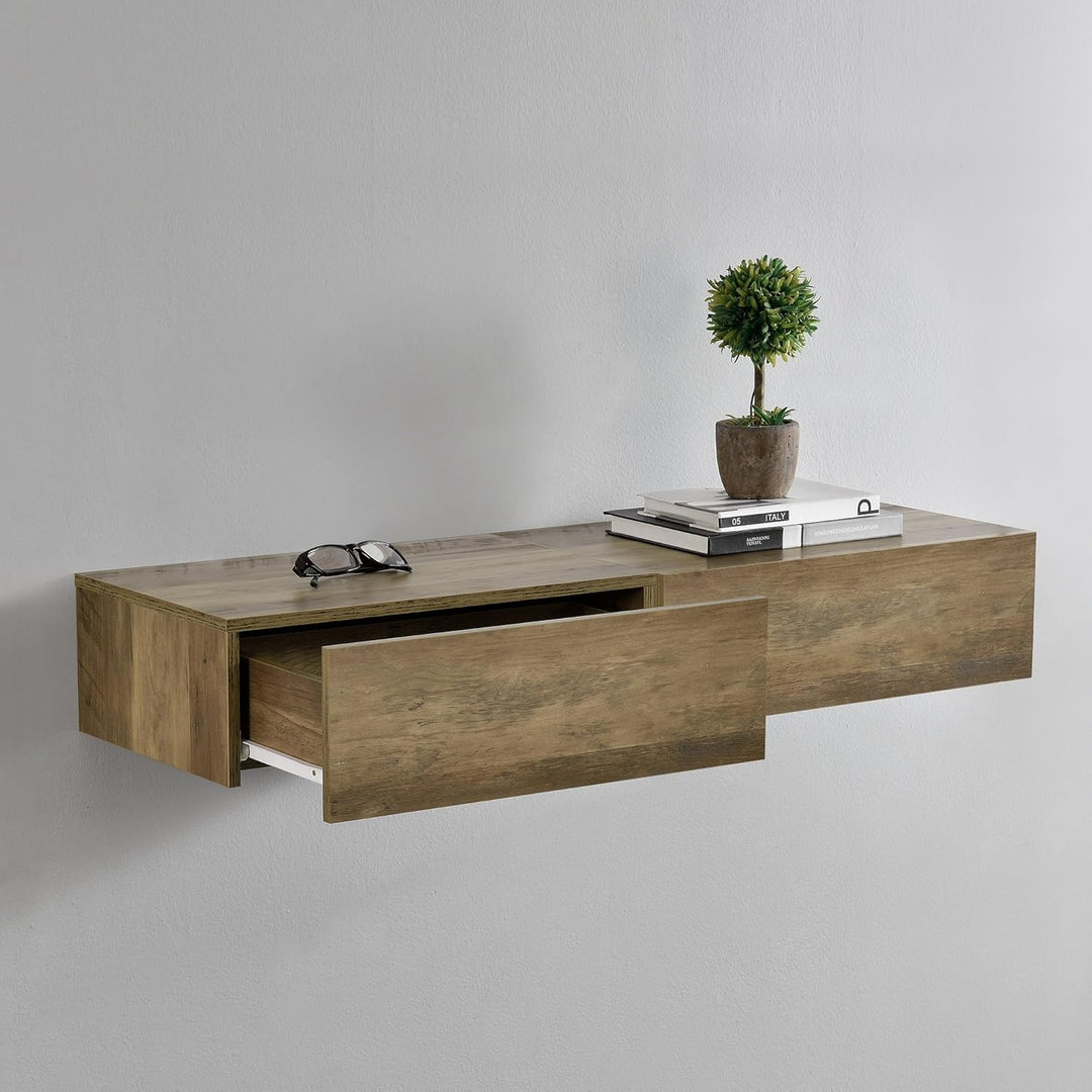 [en.casa] Wandregal Oslo mit Schublade 2er Set Nachttisch schwebende Nachtkommode Hängeregal Wandboa