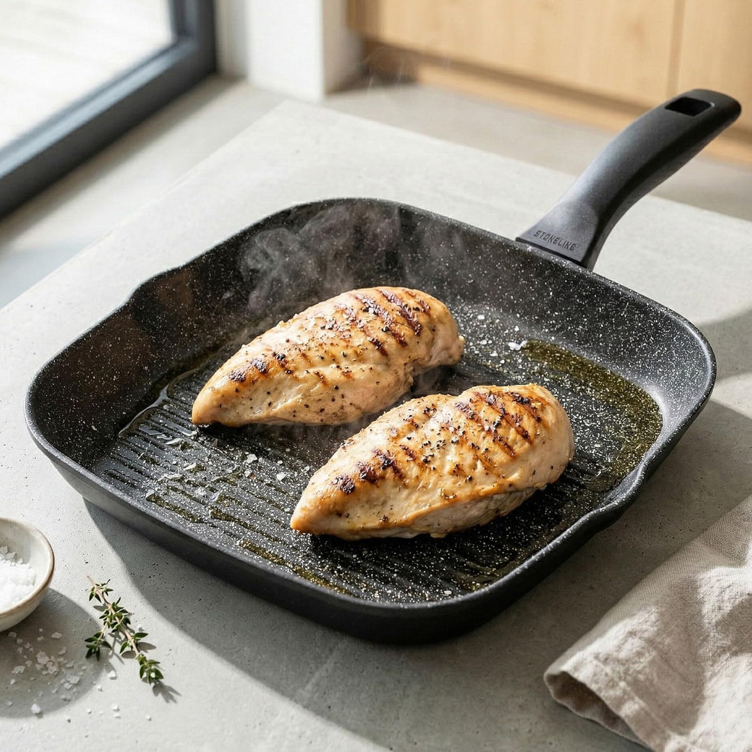 STONELINE Grillpfanne, Ø 32 x 32 cm, Aluguss, Grillpfanne beschichtet mit echten Steinpartikeln, gra