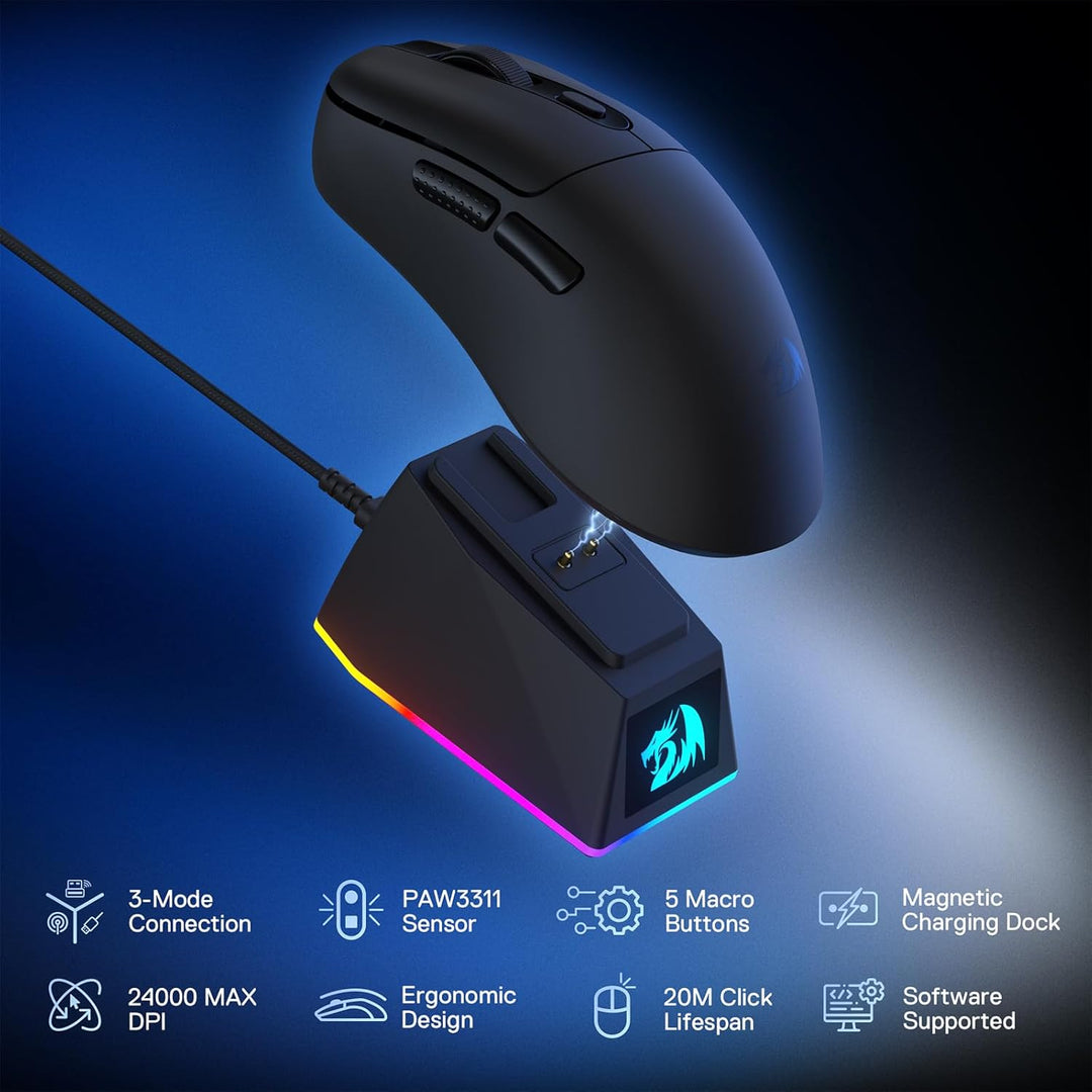 Redragon M998 - Leichte Wireless Gaming Maus mit RGB Magnet-Lade Dock, BT/2.4G Wireless/Kabelgebunde