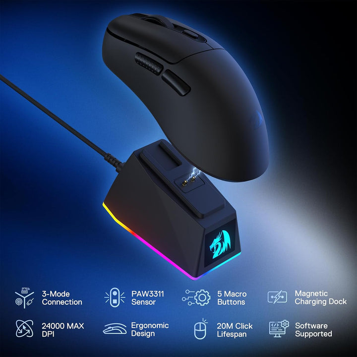Redragon M998 - Leichte Wireless Gaming Maus mit RGB Magnet-Lade Dock, BT/2.4G Wireless/Kabelgebunde