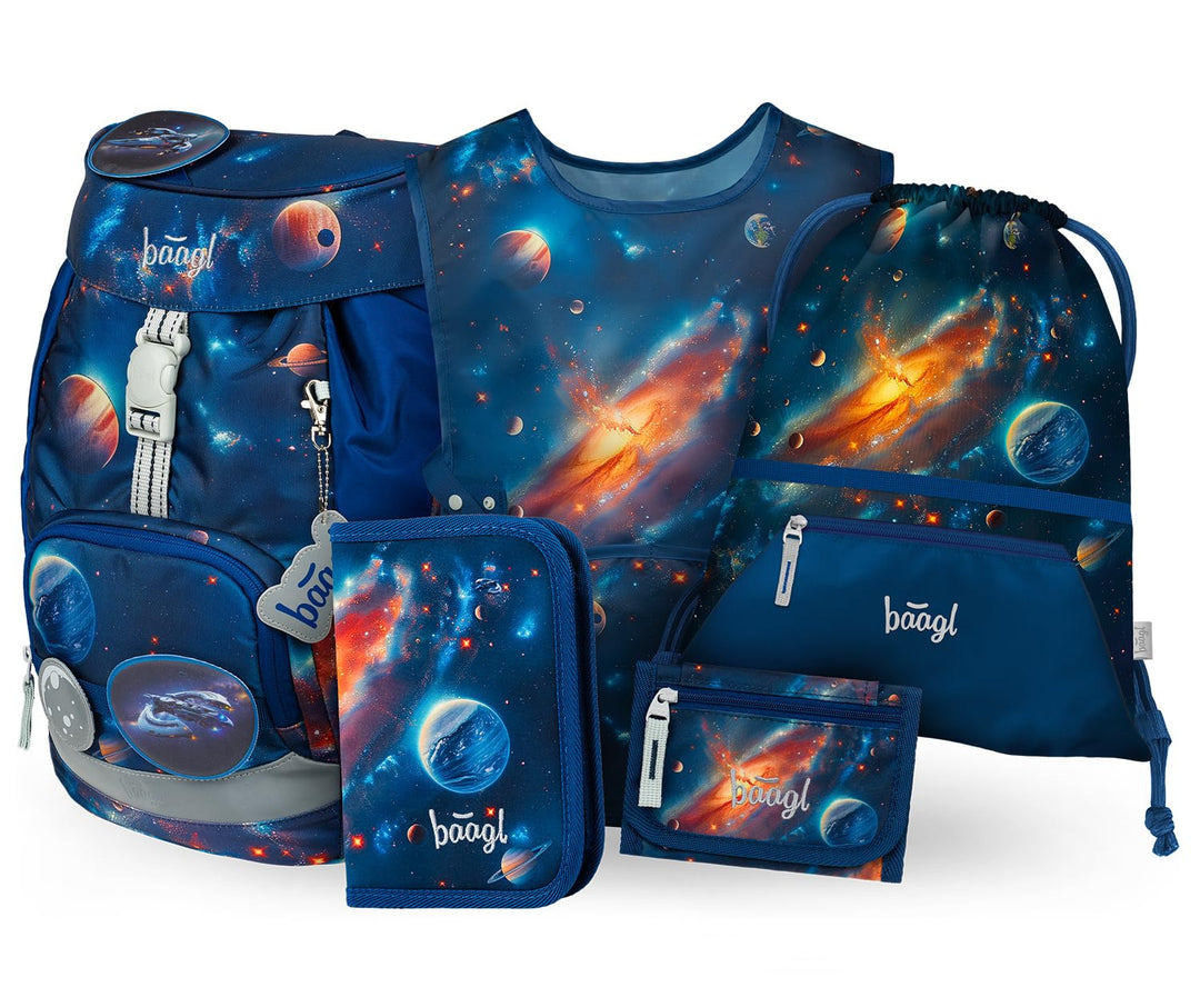 Baagl Schulranzen Jungen Set 5 Teilig (Airy Schultasche für 1. Klasse, Mäppchen, Turnbeutel, Schürze