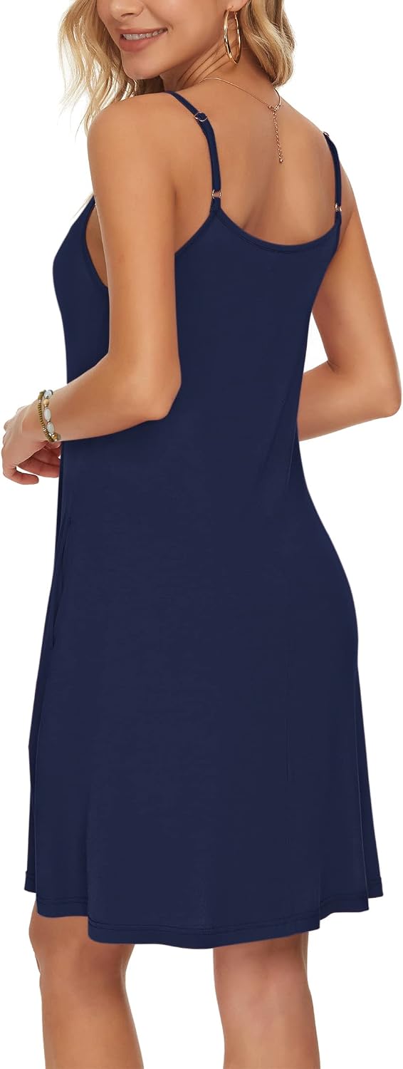 WNEEDU Damen Kleid Sommer Spaghettiträger Sommerkleid Kurze Strandkleider V Ausschnitt Leichte Freiz