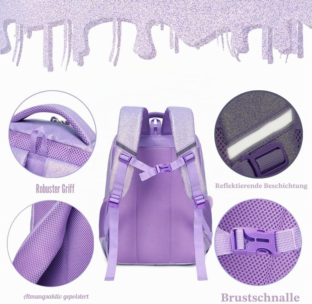 Kimwadalh Schultaschen Kinder Mädchen Rucksack Glitzer Kinerrucksack Schultaschen Set Bunte Schulruc