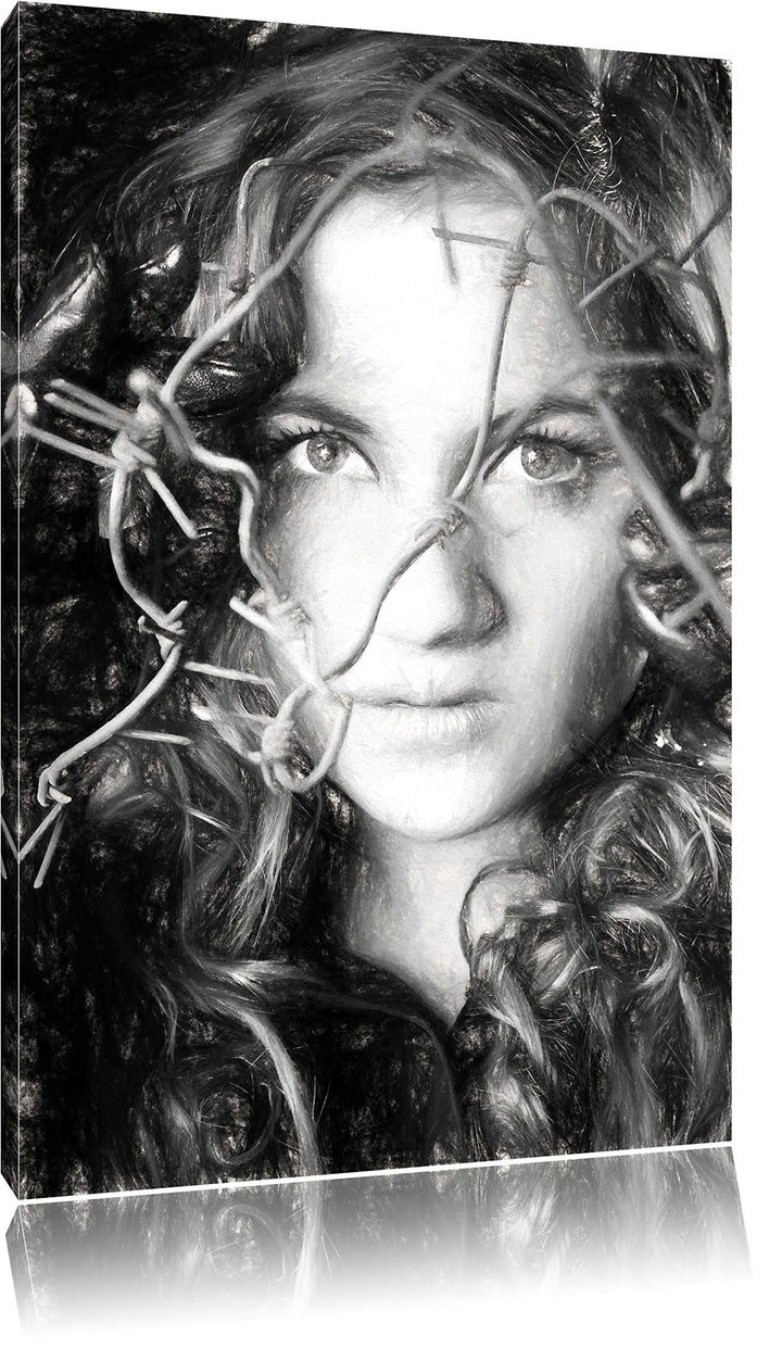 Pixxprint Sexy Girl mit Stacheldraht als Leinwandbild/Grösse: 100x70 cm/Wandbild/Kunstdruck/fertig b