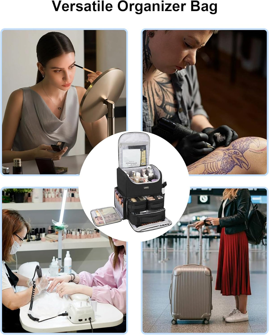 Relavel Makeup-Rucksack, grosse Make-up-Tasche mit 3 klaren Sets, Doppelwandige professionelle Kosme