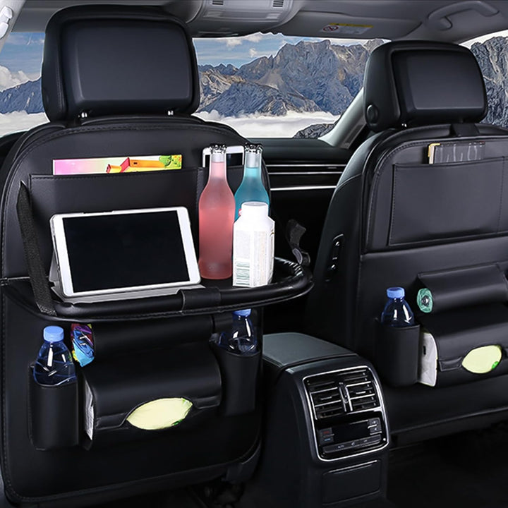 Ergocar Auto Organizer Rückenlehnenschutz Luxus Autositzschutz aus PU-Leder mit faltbarem Tablethalt