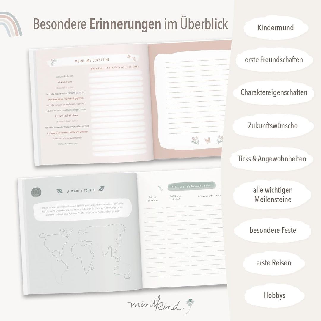 mintkind® "Meine Kindheit" Erinnerungsalbum Beige + Sticker Set I deine ersten 10 Jahre I Fotoalbum