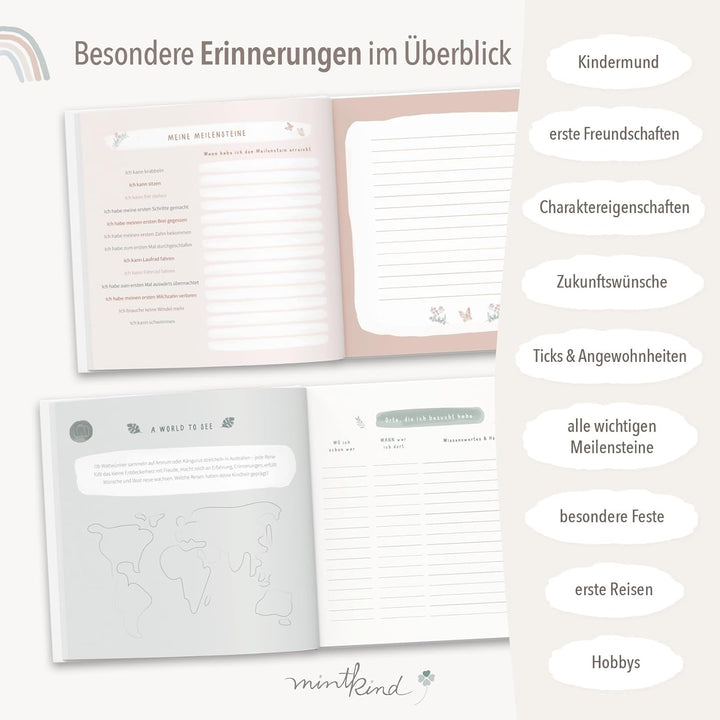 mintkind® "Meine Kindheit" Erinnerungsalbum Beige + Sticker Set I deine ersten 10 Jahre I Fotoalbum
