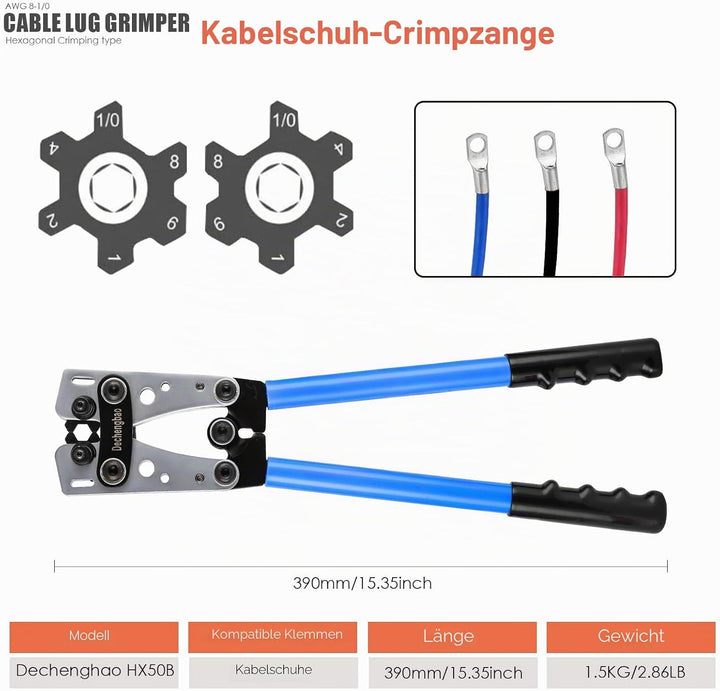 Batteriekabelschuh-Crimpwerkzeug von6-50mm²（ AWG 8-1/0） mit Kabelschneider(HX50B crimper kit) HX50B