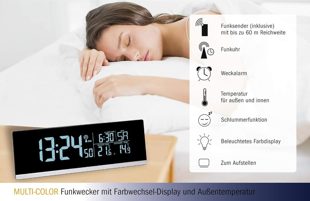 TFA Dostmann Multi-Color Digitaler Funk-Wecker mit Farbwechsel (70 Nuancen), 60.2548, Ladefunktion f