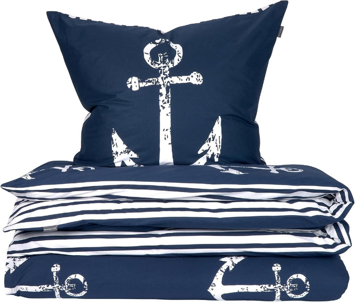 Schiesser Wende-Bettwäsche-Set Marina aus weicher Baumwolle in maritimem Look, Farbe:Marine und Weis