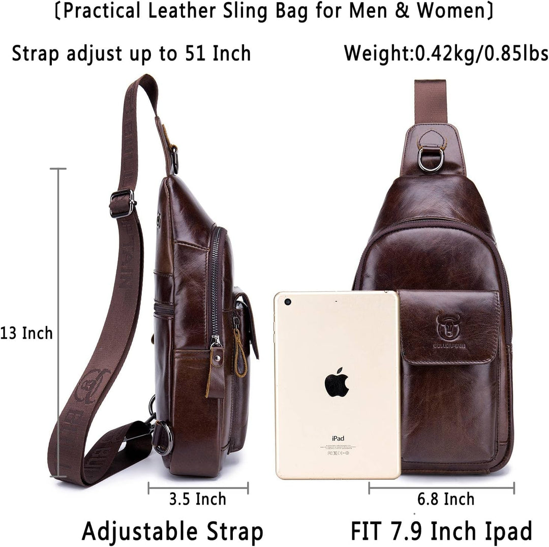 BULLCAPTAIN Herren-Umhängetasche, Leder, Schultertasche, lässiger Tagesrucksack, Brusttaschen für Re