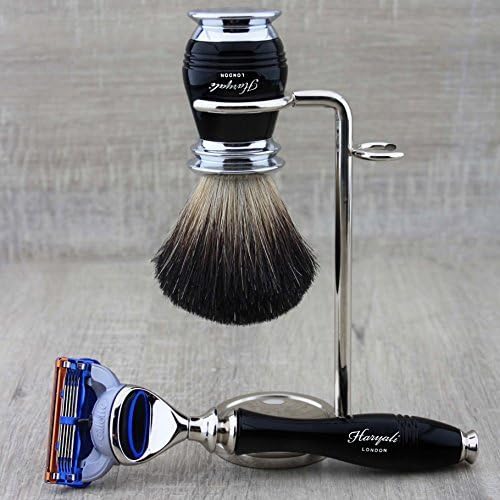 Haryali London Black Luxury Herren Rasierset 5 Edge Rasiermesser, Rasierpinsel, Rasierständer und Al