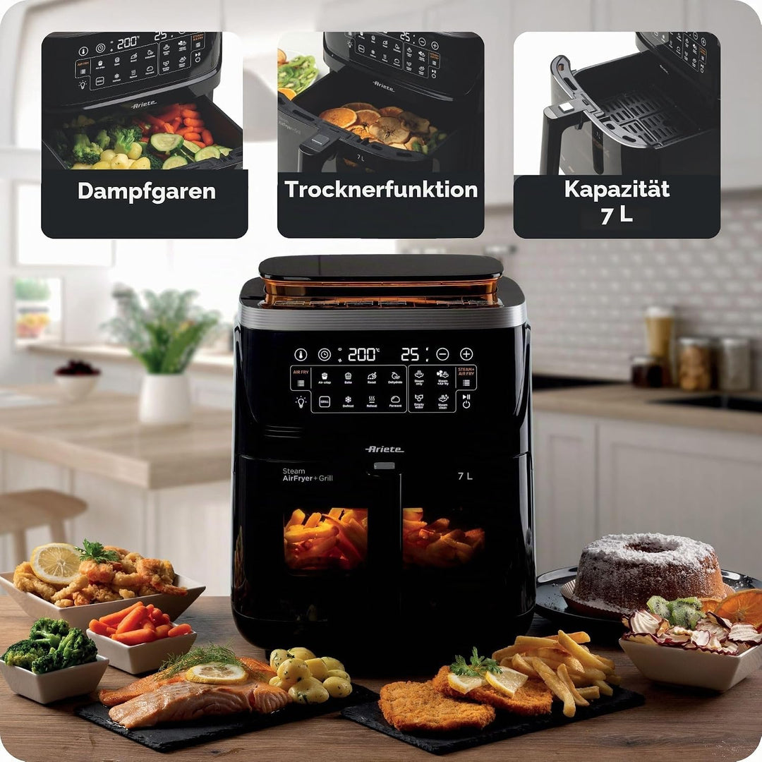 Ariete 4636 Luftfritteuse mit Dampffunktion + Grill, 1700W, Dörrfunktion, 10 Kochfunktionen, transpa