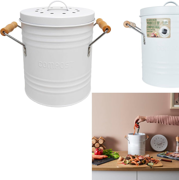 ME0025, Kompostbehälter aus Metall mit Deckel und Griffen, Elegantes Retro-Design, 4 Liter Fassungsv