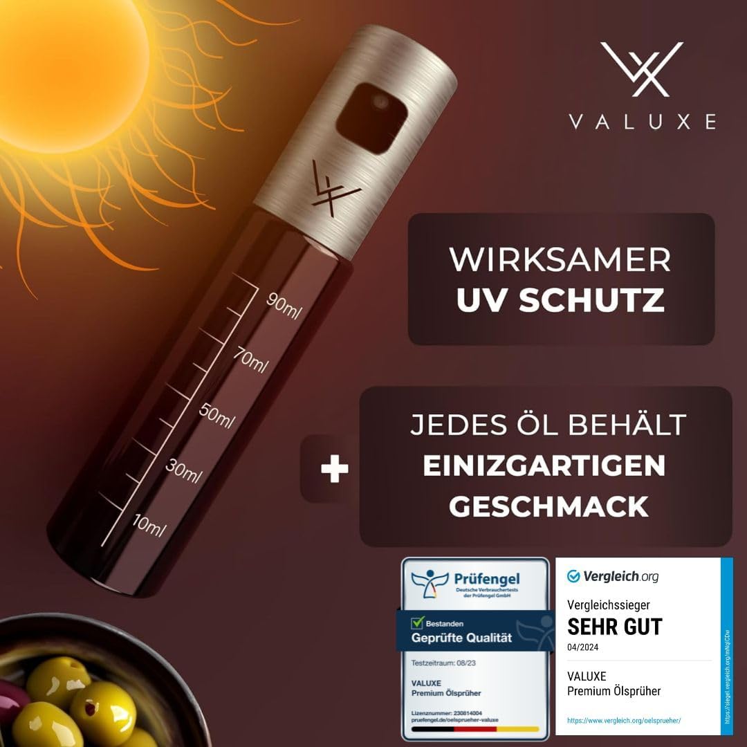 VALUXE® Ölsprüher für Speiseöl und Essig mit UV-Schutz Glas & Sprühfilter - 2er Set Edelstahl Öl-Spr