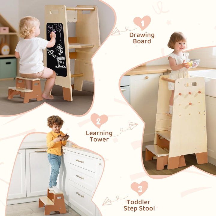 ROBOTIME Tritthocker aus Holz für Kleinkinder mit Sicherheitsgeländer & Tafel – Montessori Küchenhel