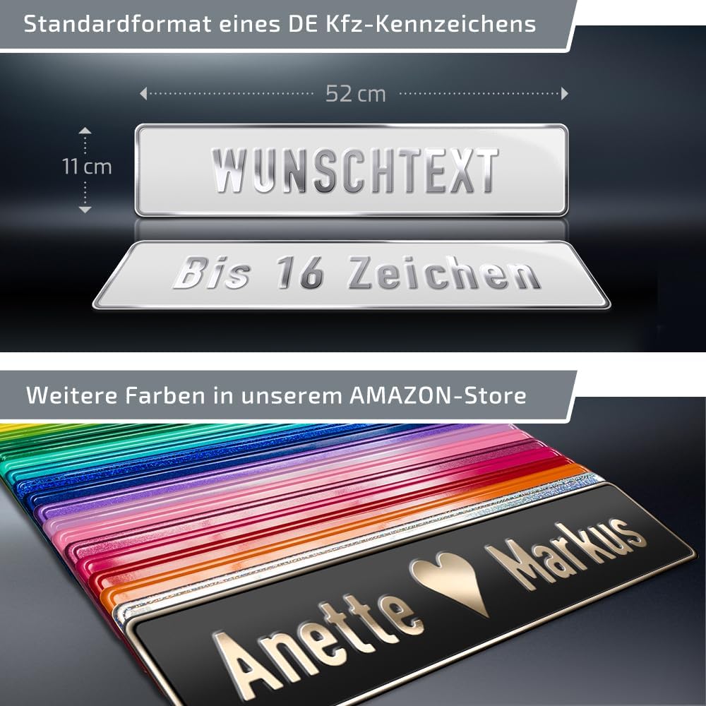 1 Hochzeit Autoschild | Weiss | Silberprägung Wunschtext | Herz &amp; Ringe Platine: Weiss, Platine: Wei