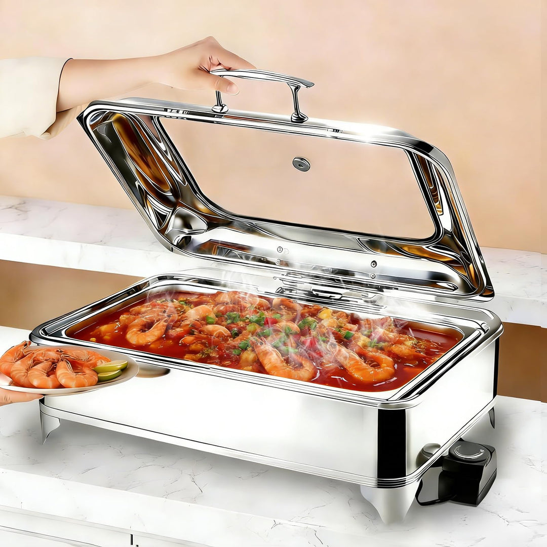 Elektrischer Chafing Dish Glasdeckel, 9L Edelstahl Speisewärmer Buffetwärmer Elektrisch Einstellbare