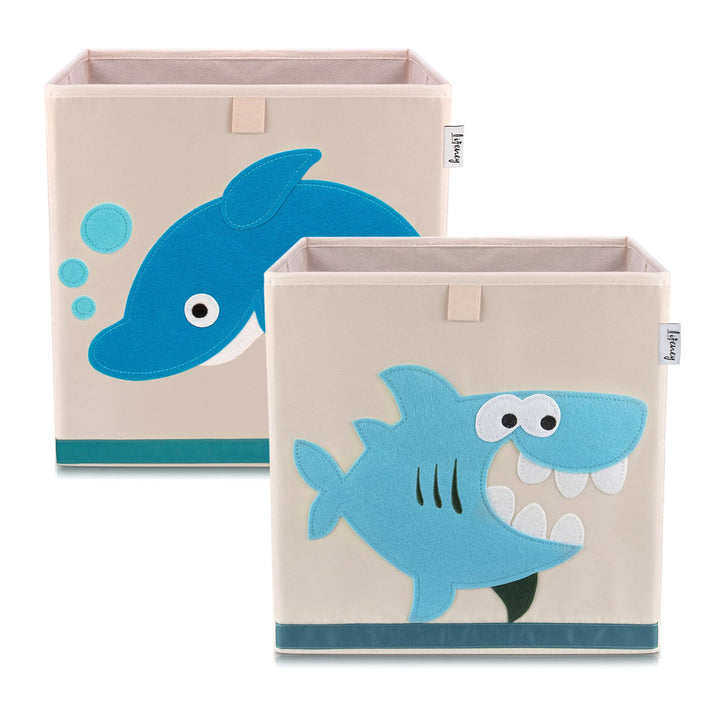 Aufbewahrungsbox im 2er Set Delfin und Hai I Doppelpack Spielzeugbox mit Tiermotiv passend für Würfe
