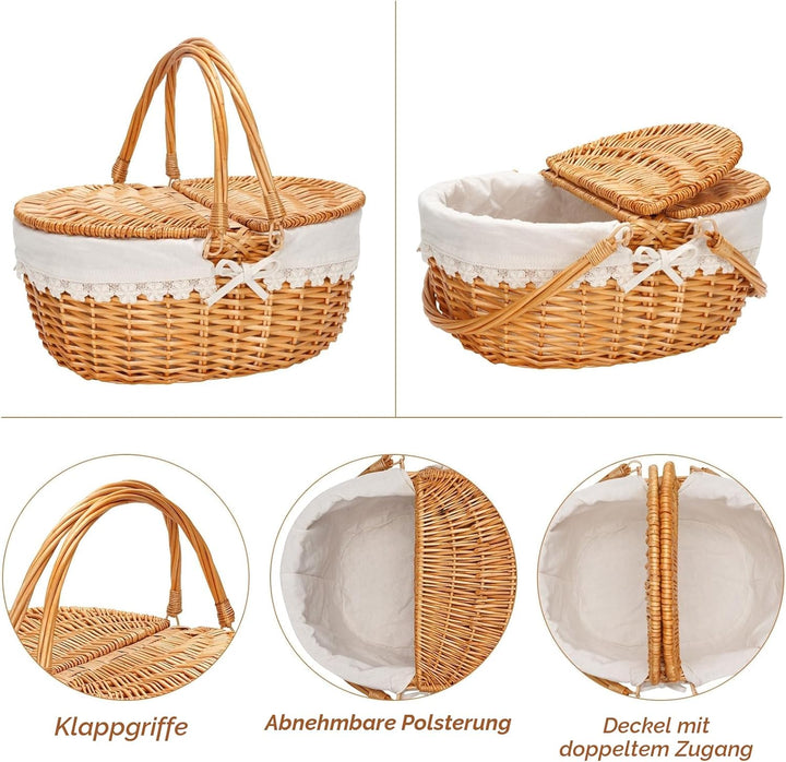 ZORMY Picknickkorb mit Weidendeckel und cremefarbenem Futter Weiss mit Weidendeckel, Weiss mit Weide