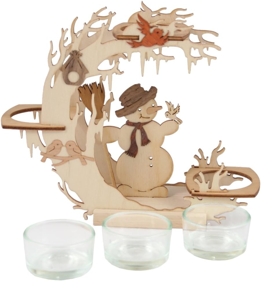 Kuhnert - hochwertiger Teelichtkranz Schneemann für 3 Teelichter - aus Edelholz - 17 x 20 x 5,5cm -