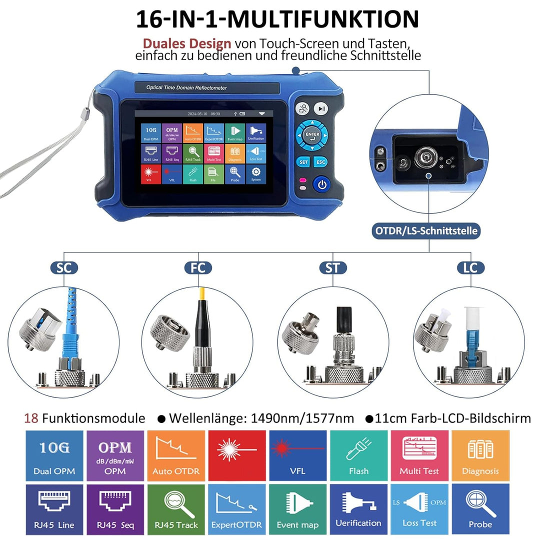 16-in-1 OTDR Optical Fiber Tester 1310/1550nm, 11cm Touchscreen und Event Map OLT (Optical Loss Test