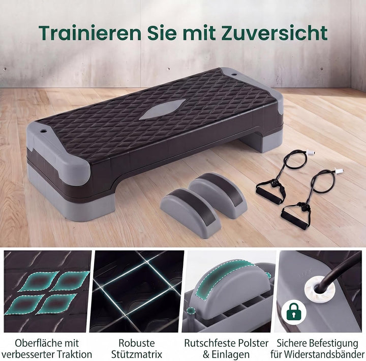 GYMAX Steppbrett, 4 Stufen Höhenverstellbar 10/14/15/19,5 cm | 3-in-1 Aerobic Stepbrett mit Balance