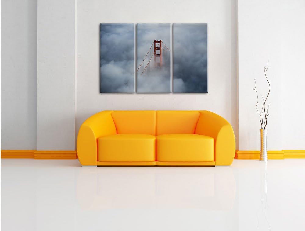 Pixxprint Golden Gate Bridge über den Wolken / 3-Teilig/Gesamtmass 120cm Leinwandbild bespannt auf H