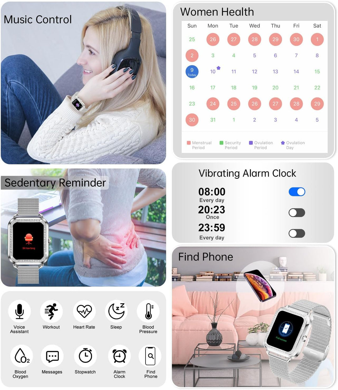 Erkwei Smartwatch Damen mit Bluetooth Anrufe 1.59" Zoll Touchscreen Fitness Tracker Schrittzähler He