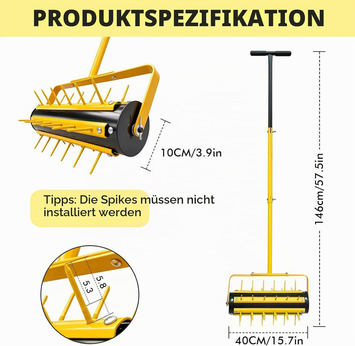 LIROPAU Rasenlüfter Walze, Rasenbelüfter Manuell, Handvertikutierer Rollend mit 36 Nägeln 5.8cm & T-