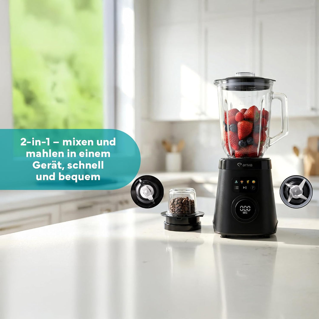 ARIVA Standmixer 1000W mit 1,5L Glasbehälter & Kaffeemühle, Smoothie Maker & Ice Crusher mit LED-Tou